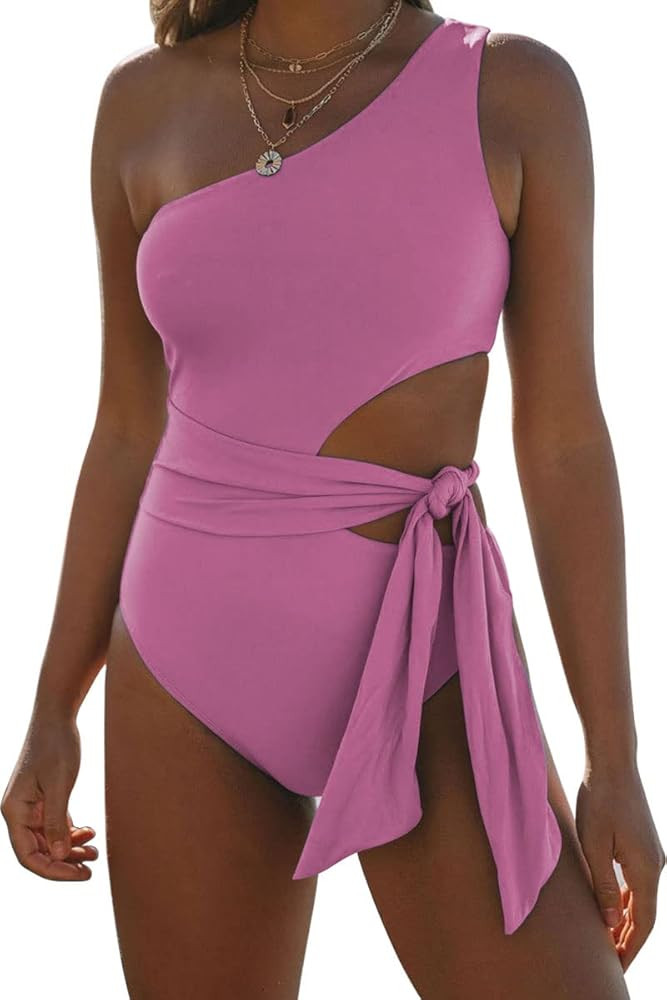 LILLUSORY Women One Shoulder Tummy Control Swimsuits Tie Side One Piece Monokinis Cut Out Sexy Bathi | Amazon (US)