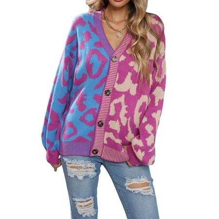 Genuiskids Women Cable Knit Cardigan Long Sleeve Drop Shoulder Button Up Patchwork Leopard Sweater C | Walmart (US)