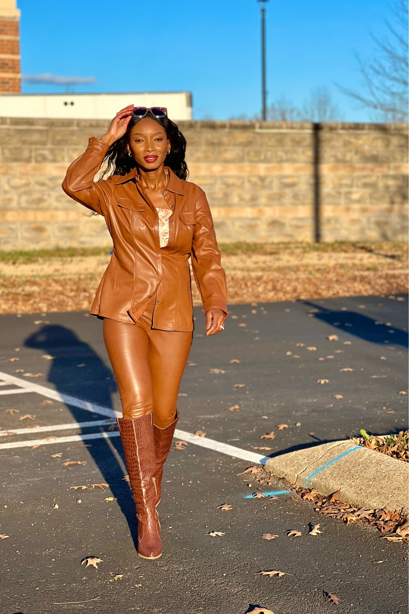 Vegan cognac leather jacket. How about this suit? ❤️Shop the best I picked for you🤗#winterfashion #leatherjacket #leatherleggings #fauxleatherleggings 

#LTKfit #LTKSeasonal #LTKstyletip