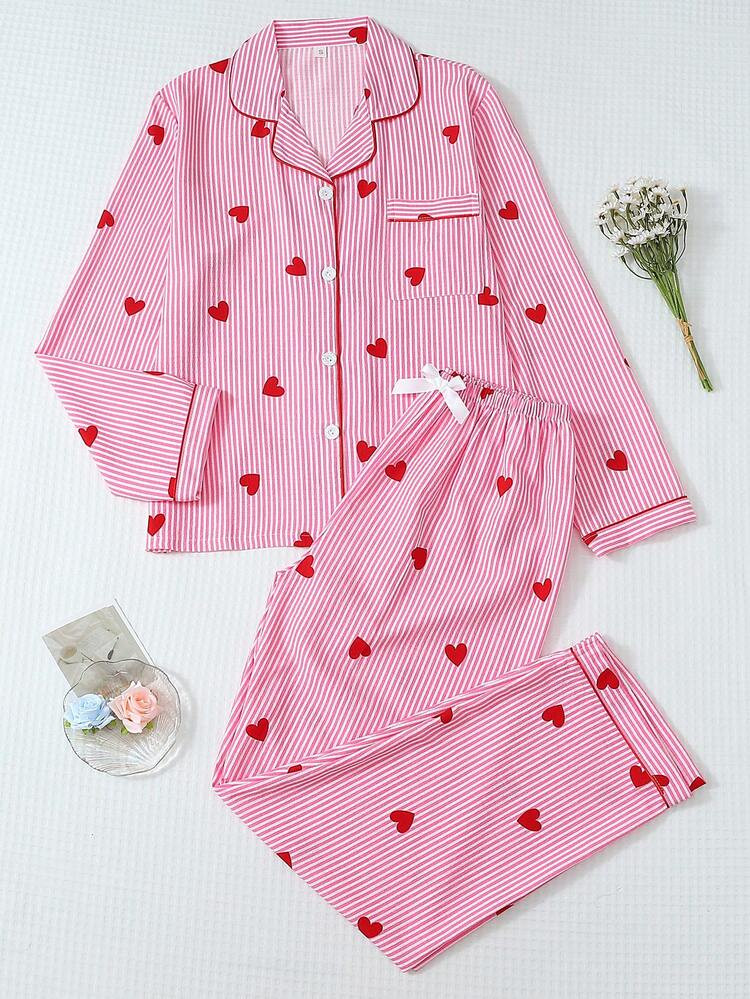 [Elegant Fields]2pcs Women Striped & Heart Print Pajama Set, Long Sleeve Button Collar Top And Pants, Casual Sleepwear Homewear Suit For Autumn/Winter, Fall Clothes | SHEIN