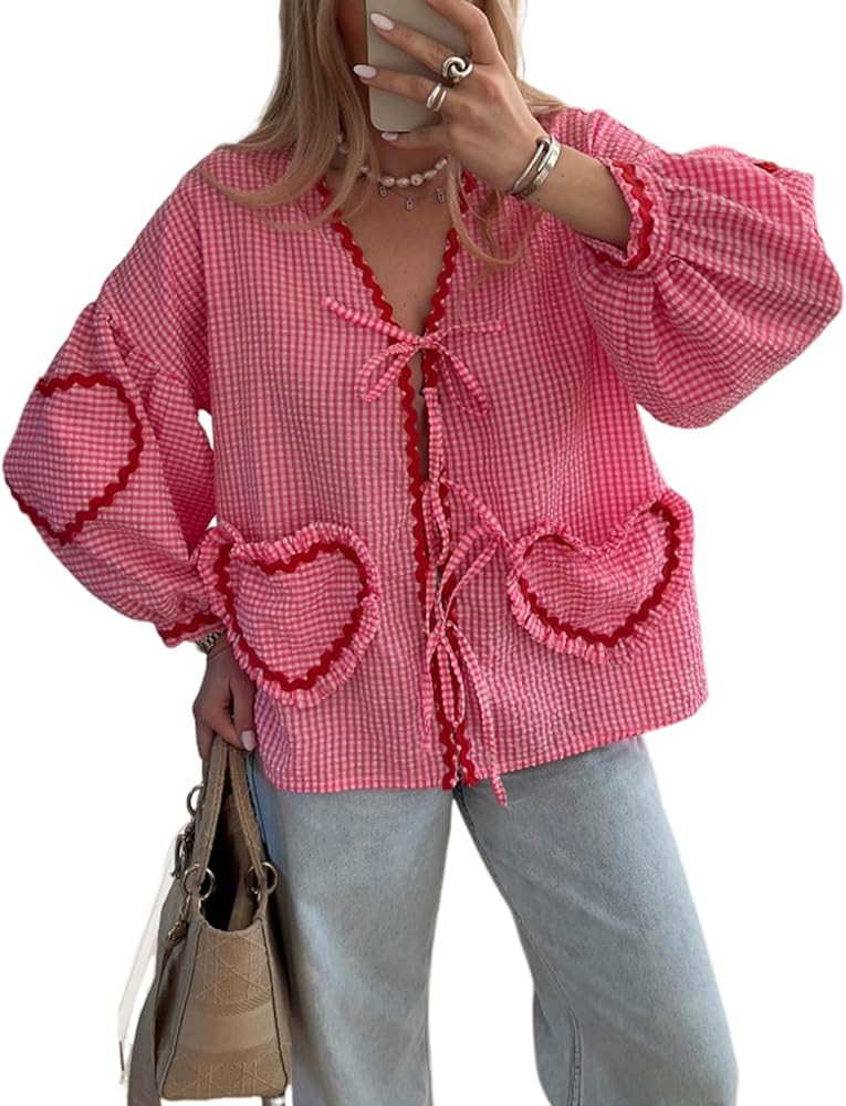 Gihuo Women's Y2k Tie Front Babydoll Tops Puff Long Sleeve Plaid V Neck Blouse Color Block Cute S... | Amazon (US)
