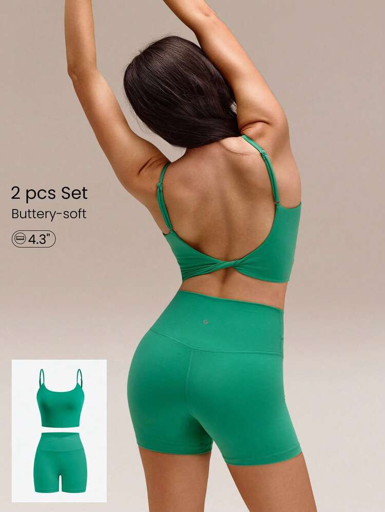 GLOWMODE FeatherFit™ Better Together Twisted Backless Removable Cups Adjustable Straps Square Neckline Tank & 4.3" Buttery-Soft Sweat-Wicking Crossover Waist Biker Shorts Low Impact Yoga Pilates Cycling Running Gym Daily Active Wear | SHEIN