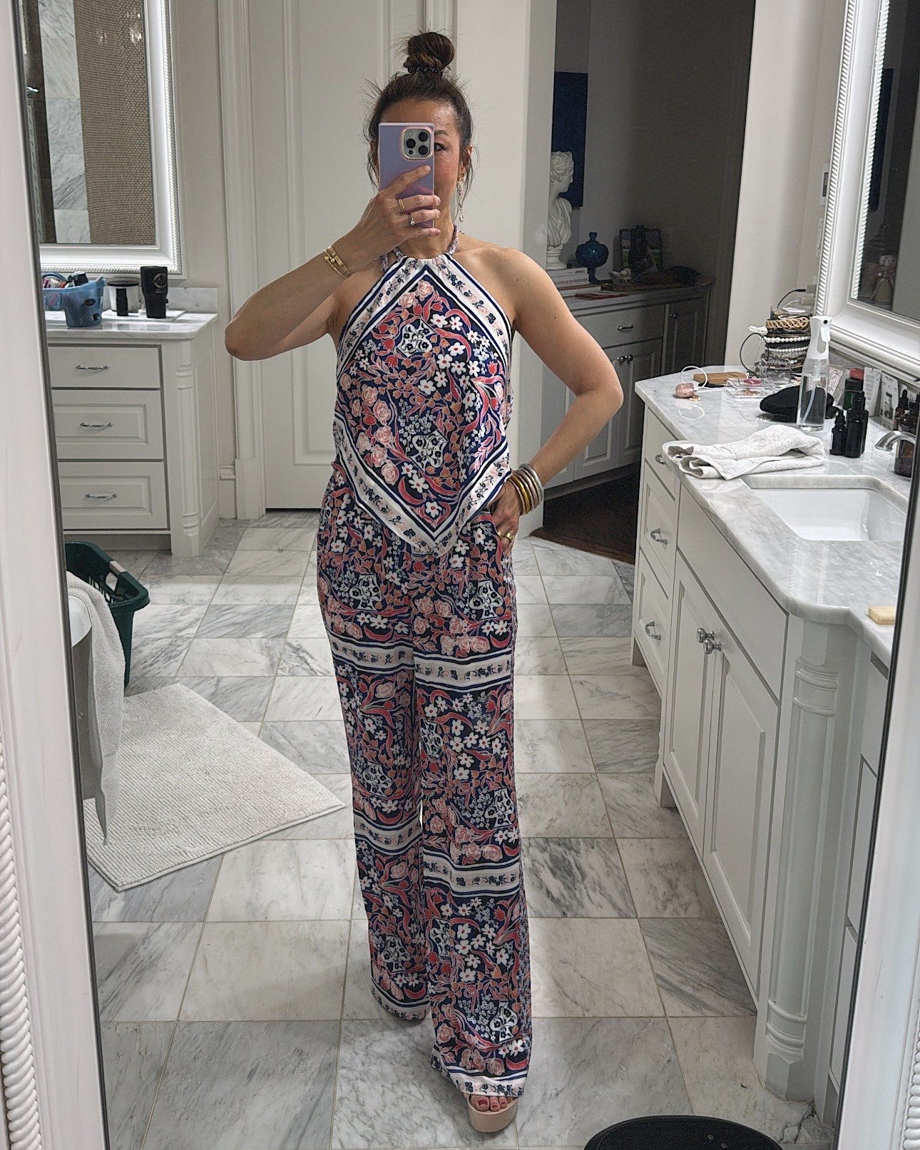 Style of Sam weatkng a matching floral scarf halter top & wide leg pant set perfect for Spring Break & events #styleofsam #shopallison 

#LTKOver40 #LTKFestival #LTKSeasonal