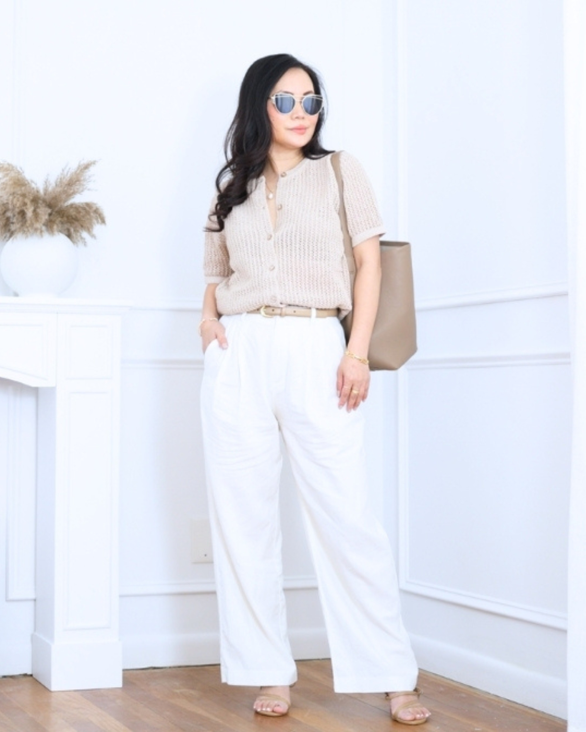 Short-sleeve knitted cardigan from Mango paired with white linen-blend wide-leg pants from GAP, finished with a Quince bag and heels — light, polished, and effortlessly elegant for everyday wear. I'm 5'2, wearing size S. 

 #LTKootd #LTKOver40 #LTKPetite