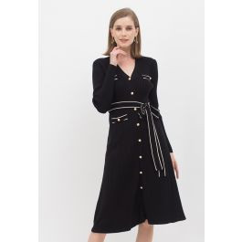 Shimmer Contrast Line Buttoned Knit Dress in Black | Chicwish