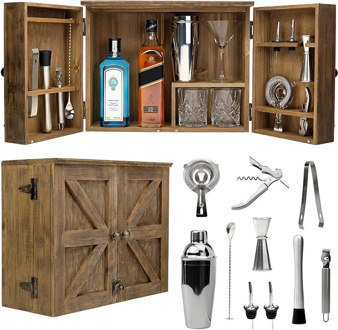 Excello Global Products Barndoor Bartender Cabinet with 12 Piece Bar Tool Set - Rustic Brown - Th... | Amazon (US)