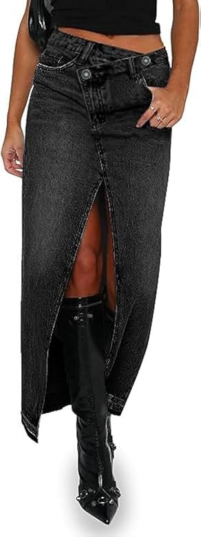AiMgFUN Jean Skirt for Women Denim Skirt with Pockets Mid Waist Long Split Skirts | Amazon (US)