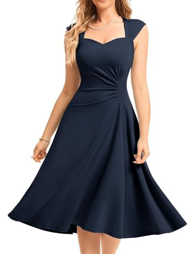 Dressystar 2026 Summer Wedding Guest Midi Sleeveless Women Semi Formal Cocktail Party A Line Ruched Flowy Church Swing Dress Navy Blue Size XL | Amazon (US)