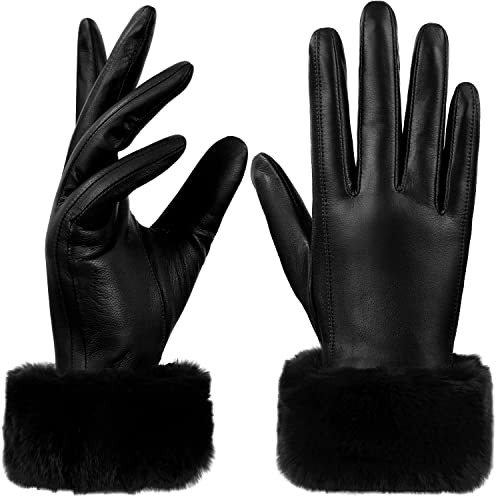 GSG Women Leather Gloves Rabbit Fur Cuff Touchscreen Winter Warm Driving GlovesBlack L | Amazon (US)