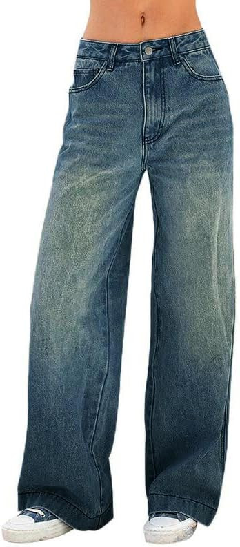 EMMIOL Women's 2026 Wide Leg Jeans Distress Mid Waist Denim Pants Vintage Y2K Trousers | Amazon (US)