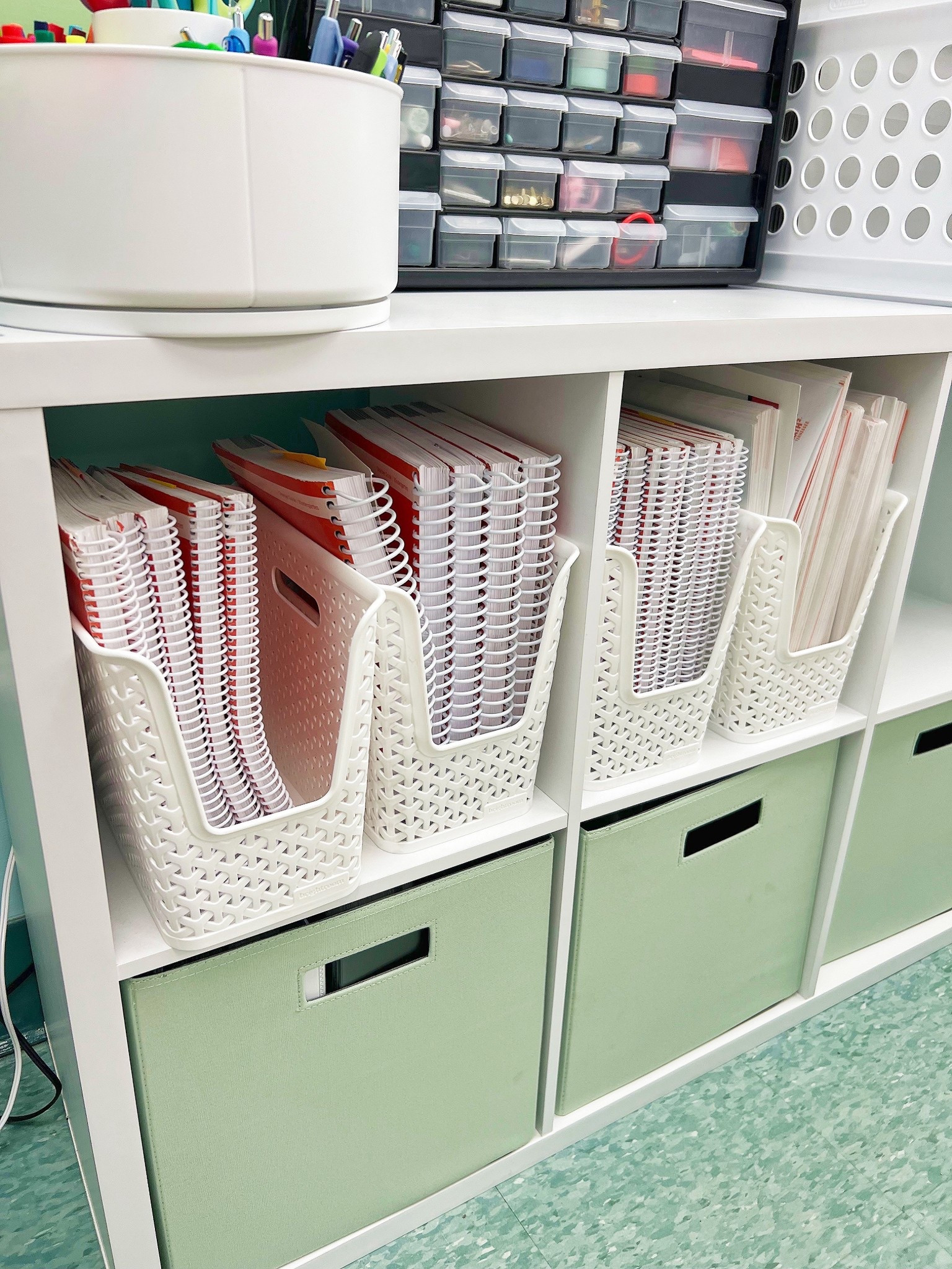 These storage containers work perfectly for curriculum manuals! #classroomfinds #backtoschool #classroomideas #classroomorganization
