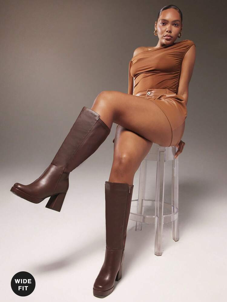 SHUZIA Women's Stylish & Comfortable Wide Calf Block Heel Knee-High Boots For Christmas | SHEIN