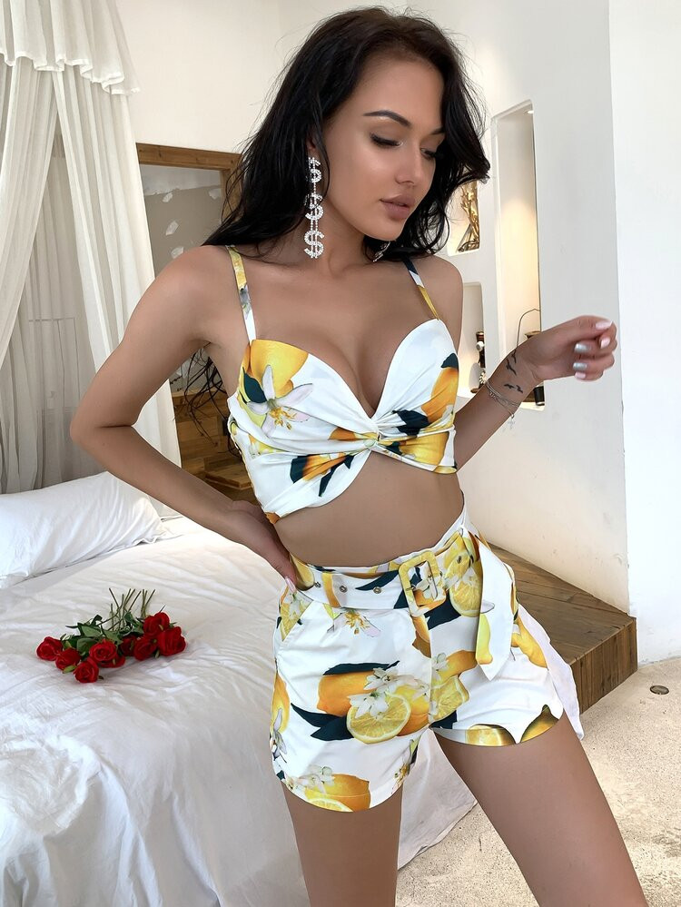 Joyfunear Shirred Twist Lemon Cami & Belted Shorts Set | SHEIN