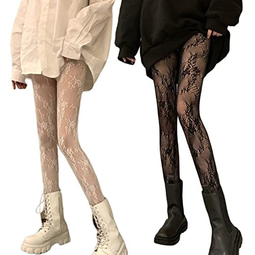 Verdancy 2Pcs Women’s Ultra Stretchable Pantyhose Hollow Floral Patterned Lace Stockings Fishnet Tights Plus Size (2Pcs Black & White Tree Vine) | Amazon (US)