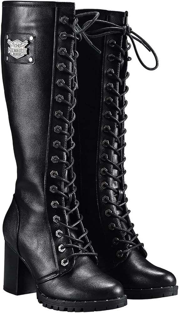 Dream Apparel Women's Faux Leather Lace Up Knee High Boots, Black Motorcycle Riding Boots with Ch... | Amazon (US)
