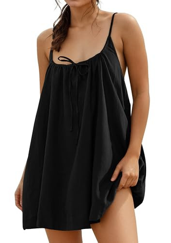 YUENIU Womens Sundresses Mini Linen Beach Cover Up Tank Summer Casual Spaghetti Strap Sleeveless Dress with Pockets Black S | Amazon (US)