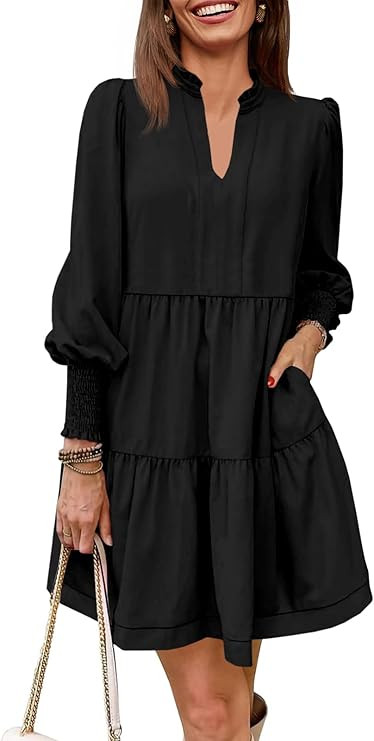 Imily Bela Womens Fall Long Sleeve Tunic Dress Casual V Neck Loose Ruffle Tiered Dress | Amazon (US)