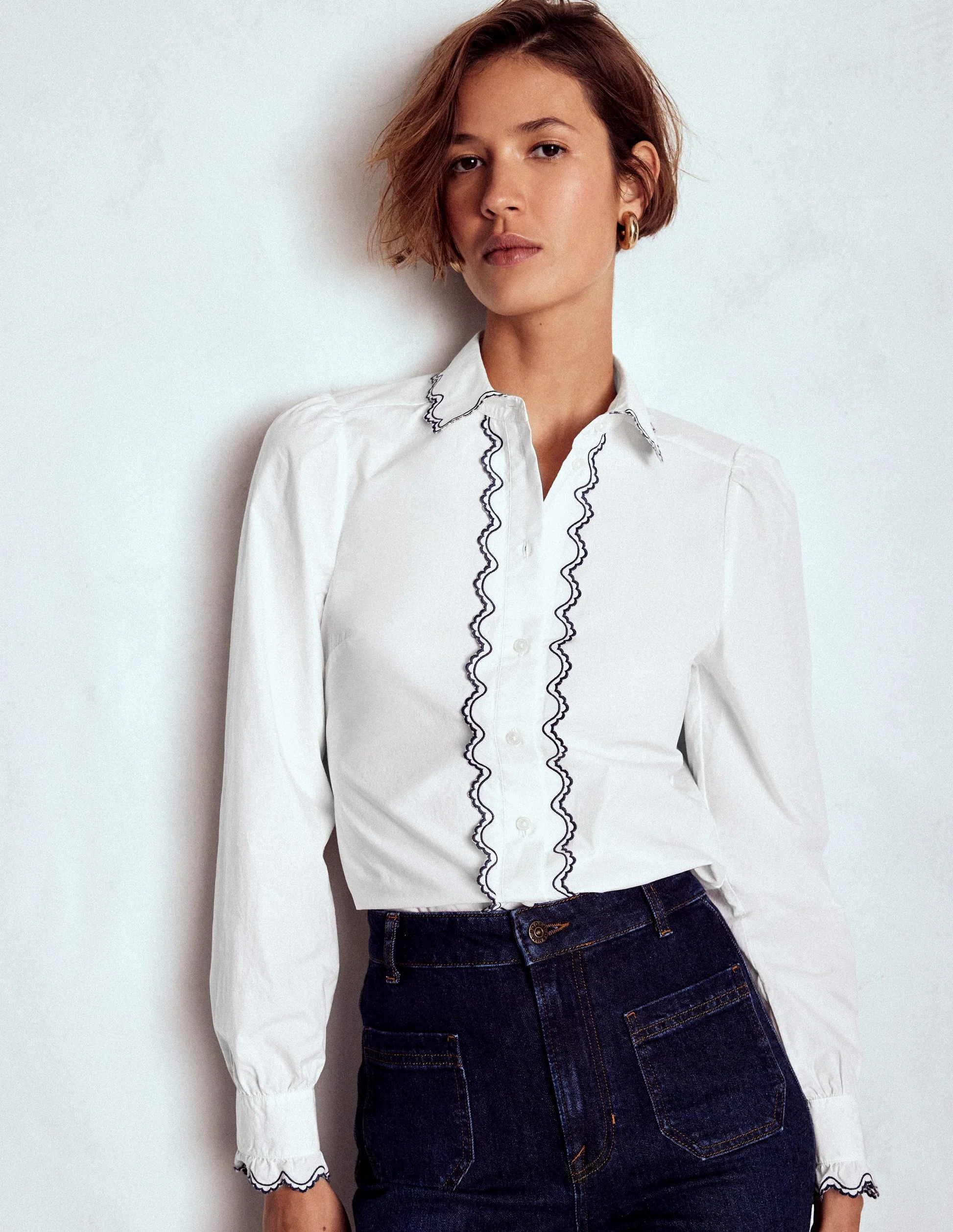 Embroidered Cotton Shirt-White, Navy Embroidery | Boden (US)