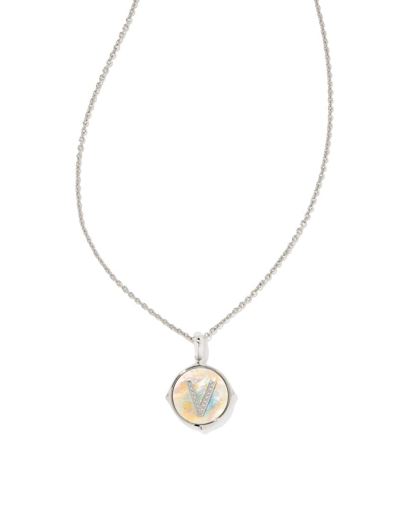 Letter V Silver Disc Reversible Pendant Necklace in Iridescent Abalone | Kendra Scott