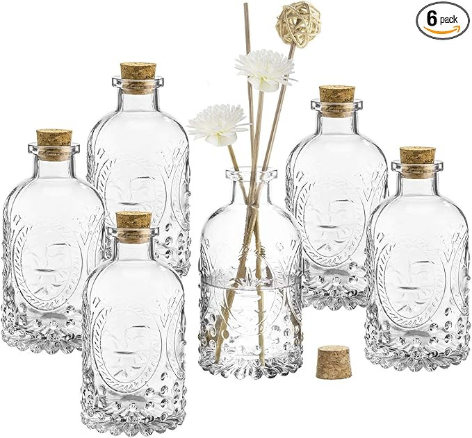 MyGift Vintage Design Embossed Fleur De Lis Clear Glass Bottles with Cork Lid, Apothecary Flower ... | Amazon (US)