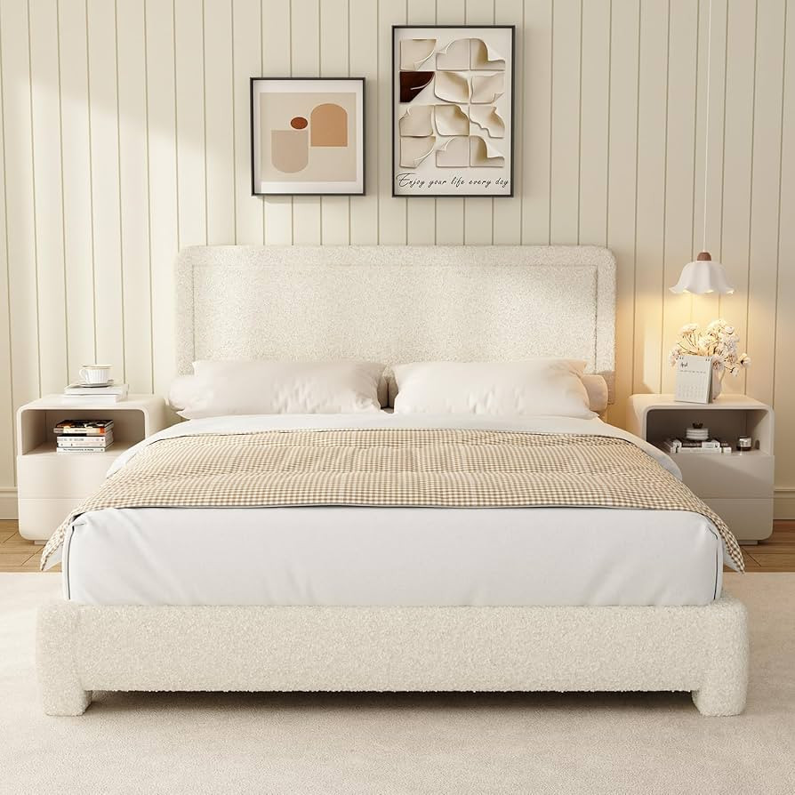 WEUP Boucle Bed Frame Queen, Cream Bed Frame with Adjustable Headboard, Soft Teddy Fabric, Rounde... | Amazon (US)