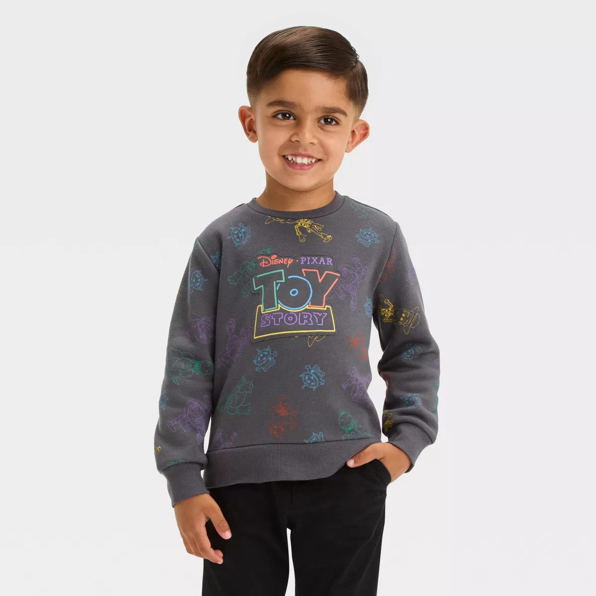 Toddler Boys' Toy Story Puff Printed Chenille Patch Fleece Pullover - Black | Target