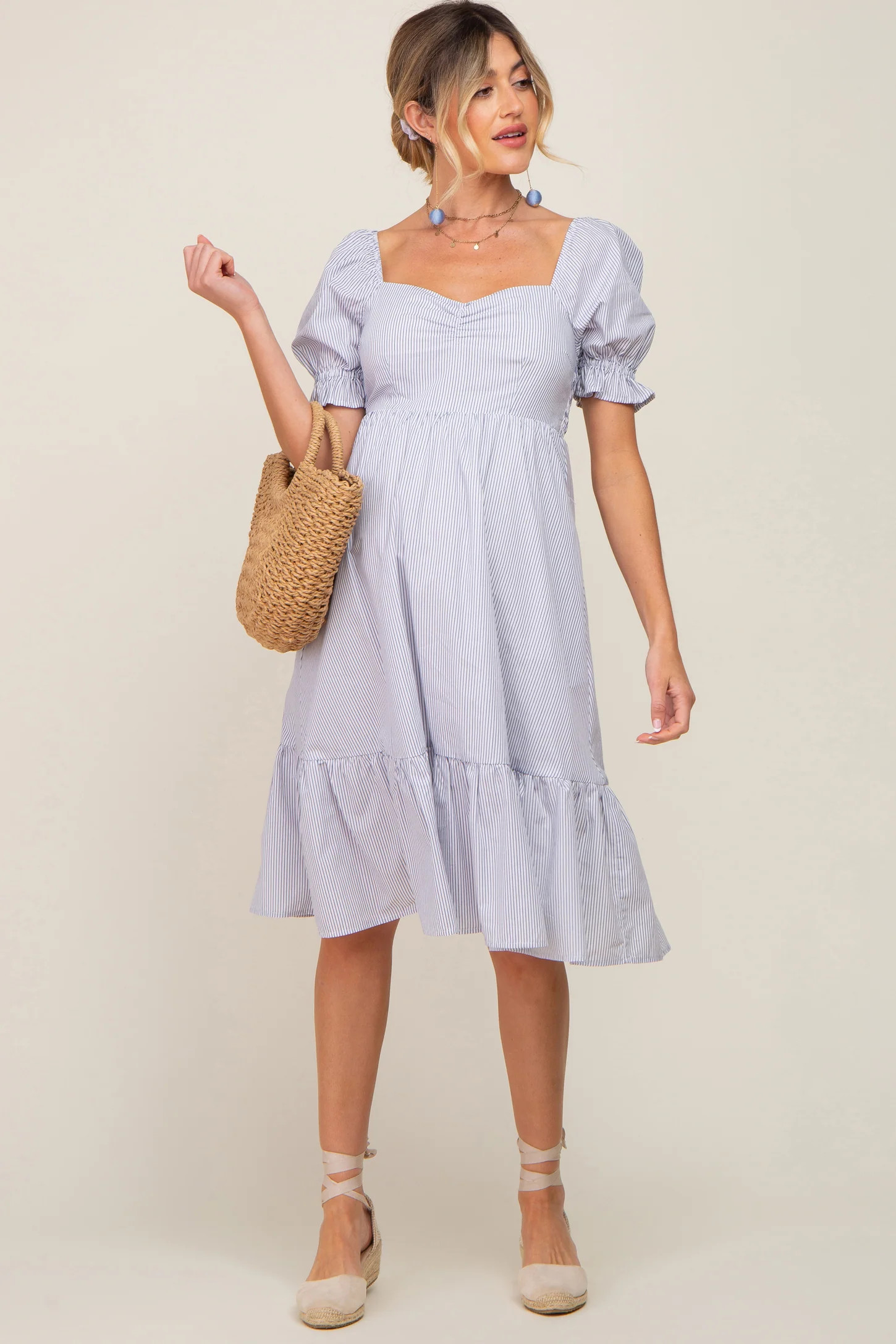 Light Blue Pinstriped Sweetheart Neck Maternity Midi Dress | PinkBlush Maternity