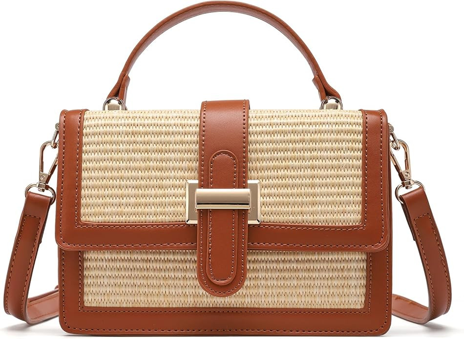 Straw Crossbody Bag, Vegan Leather Patchwork Summer Purse with Top Handle, Small Woven Bag for Be... | Amazon (US)
