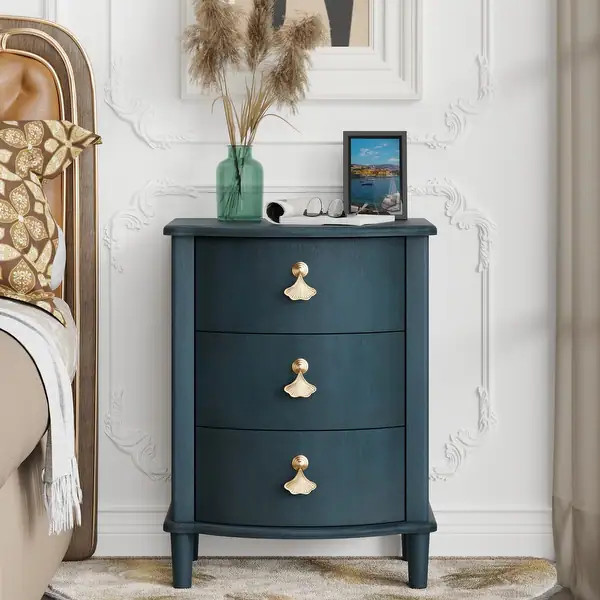 COZAYH Elegant 3-Drawer Nightstand with Gold Leaf Handles, Vintage Curved Front Design, Distresse... | Bed Bath & Beyond