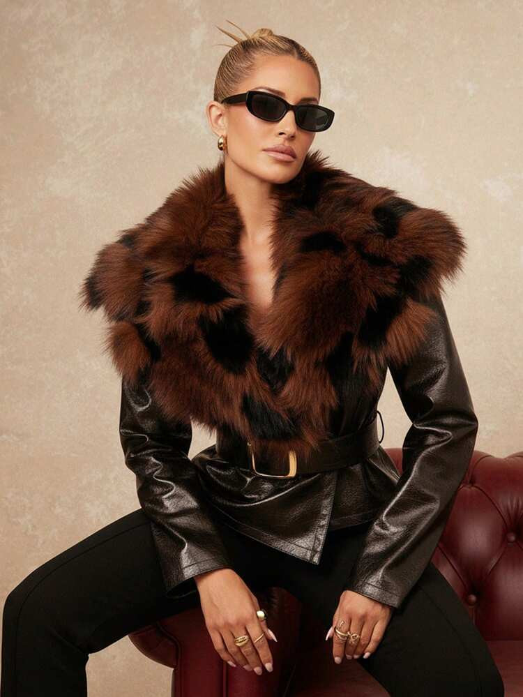 Lumalex Winter Fall Women's Faux Fur Patchwork Faux Leather Waist Belt Cinched Regular Jacket Luxury Prom Gathering Party Banquet Modest Old Money Coquette Glitter Holiday Party Rave Festival Outing Vacation Hot Outdoor Richly Layered Wedding Season Banquet ID Al-Adha Al-Adha Party New Year Chic Autumn Fall New Style Women Gala Night Delicate Outdoor-Ready Cold-Proof Essential Winter Travel Gear Brown Jacket Women Cropped Leather Jacket Leather Outfits For Women Brown Leather Top Western Clothing For Women | SHEIN