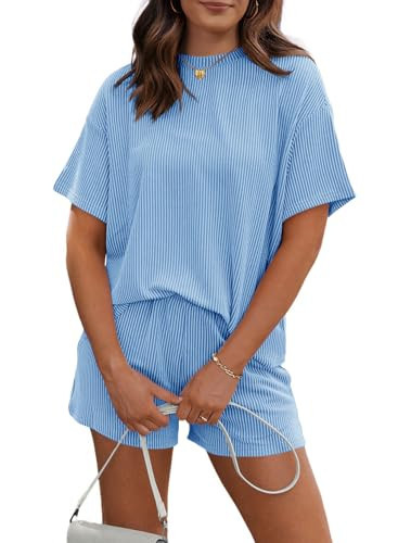 RUBZOOF 2 Piece Sets for Women Summer Outfits Lounge Sets Blue S | Amazon (US)