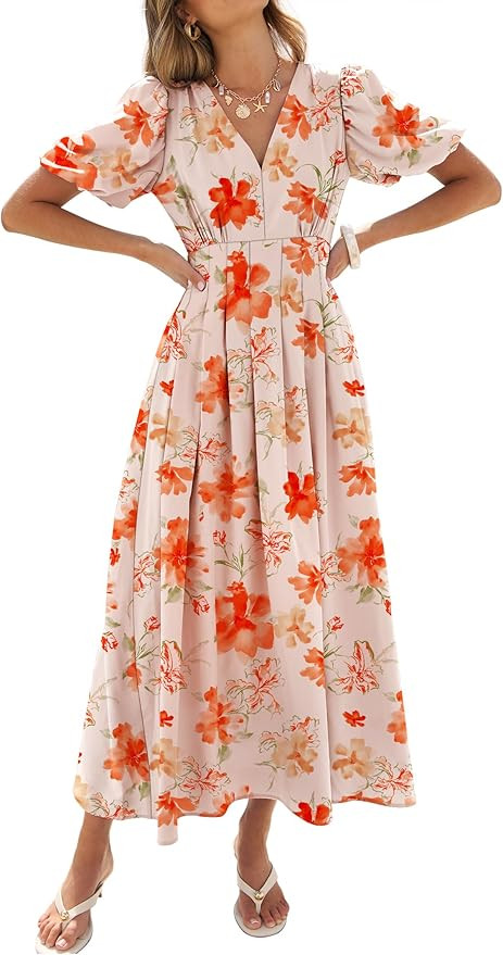 Caracilia Womens Short Puff Sleeve Maxi Dress Boho Floral A Line V Neck Spring Summer Formal Wedd... | Amazon (US)