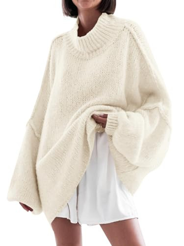 Saodimallsu Womens Oversized Sweaters Mock Neck Batwing Long Sleeve 2025 Fall Trendy Ribbed Knit Casual Tunic Sweater Creamy-White | Amazon (US)