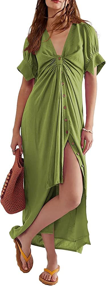 OWNGIGI Women's 2023 Summer Maxi Dress Causal Wrap V-Neck Sexy Slit Short Sleeve Beach Party Long... | Amazon (US)