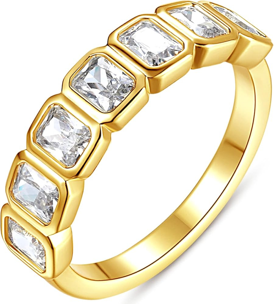 Emerald Cut Bezel Set CZ Halfway Eternity Band | 7 Stone Wedding Anniversary Band Bridal Set | Amazon (US)