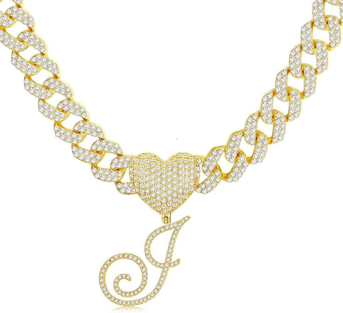 Krfy Cursive Gold Initial Pendant Necklace Iced Out Miami Cuban Link Chain for Women 18K Gold Pla... | Amazon (US)