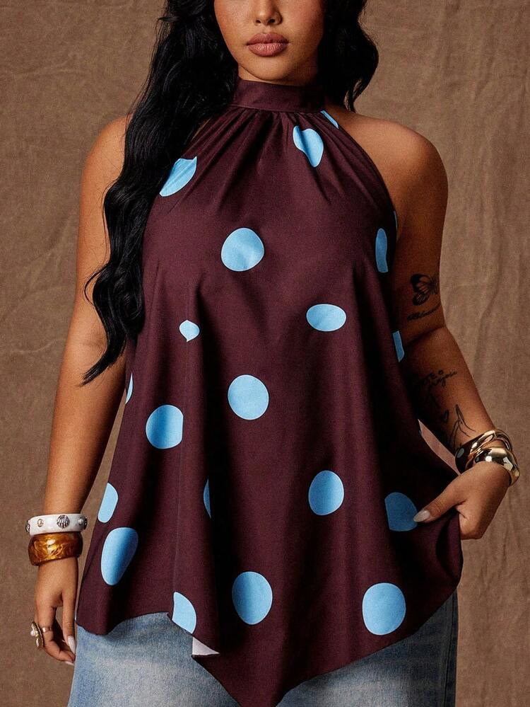 Plus Size Women's Summer French Retro Elegant Large Polka Dot Loose Irregular Hem Sleeveless Tie Back Blue Polka Dot Brown Base Blue Brown Patchwork Loose Flattering Comfortable Versatile Casual Shirt | SHEIN