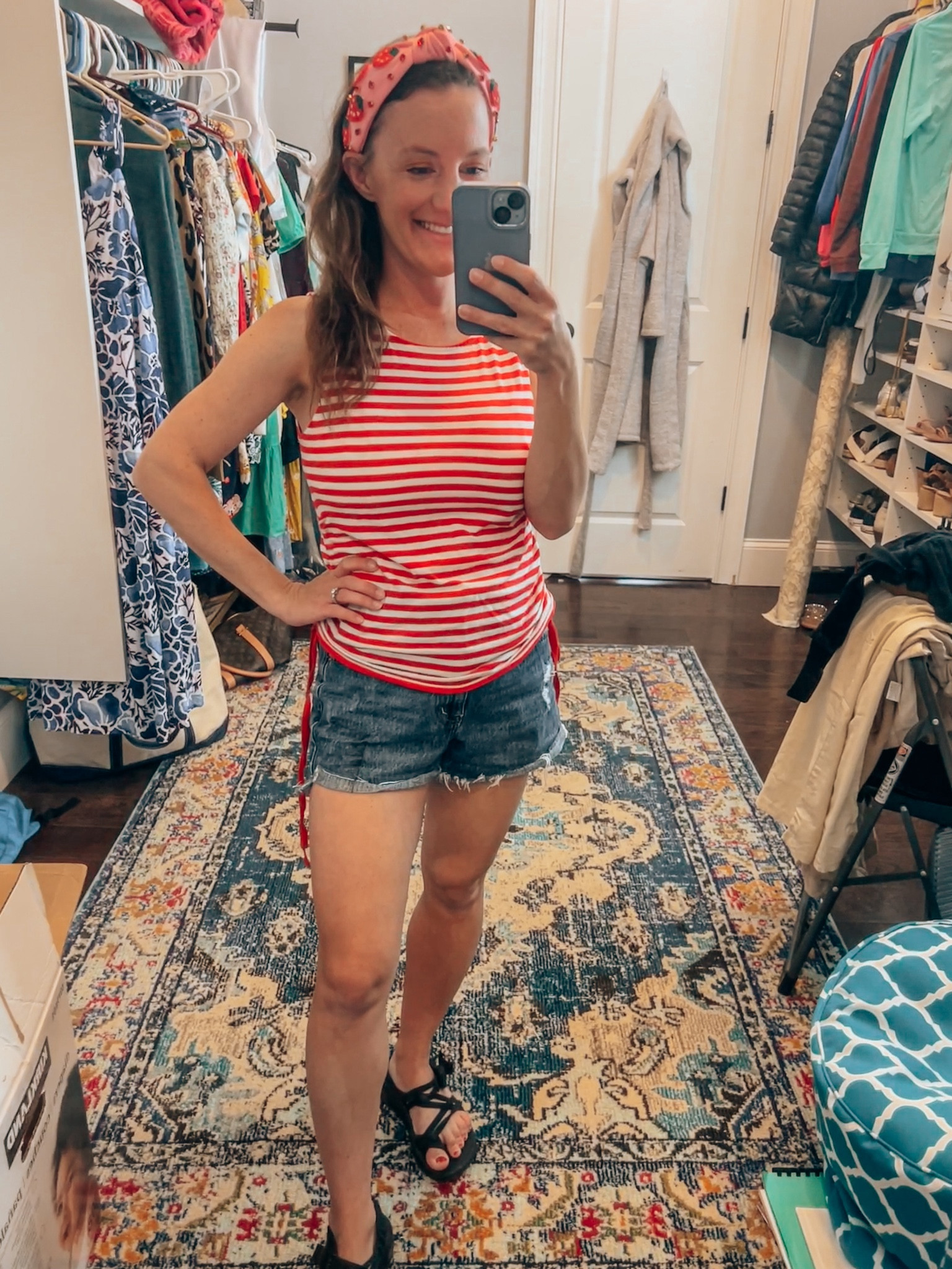 Mom outfit for strawberry picking 

White and red striped tank 
Dark wash jean shorts 
Black chacos 
Themed headband with strawberries 

#LTKstyletip #LTKfamily #LTKSeasonal