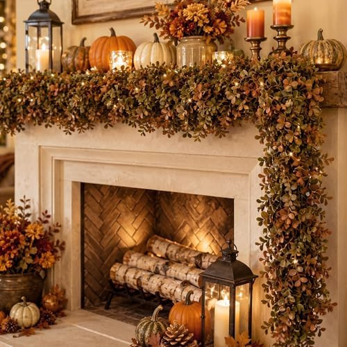XunYee 6 ft Fall Garland Artificial Boxwood Leaves Fall Garland for Mantle | Amazon (US)