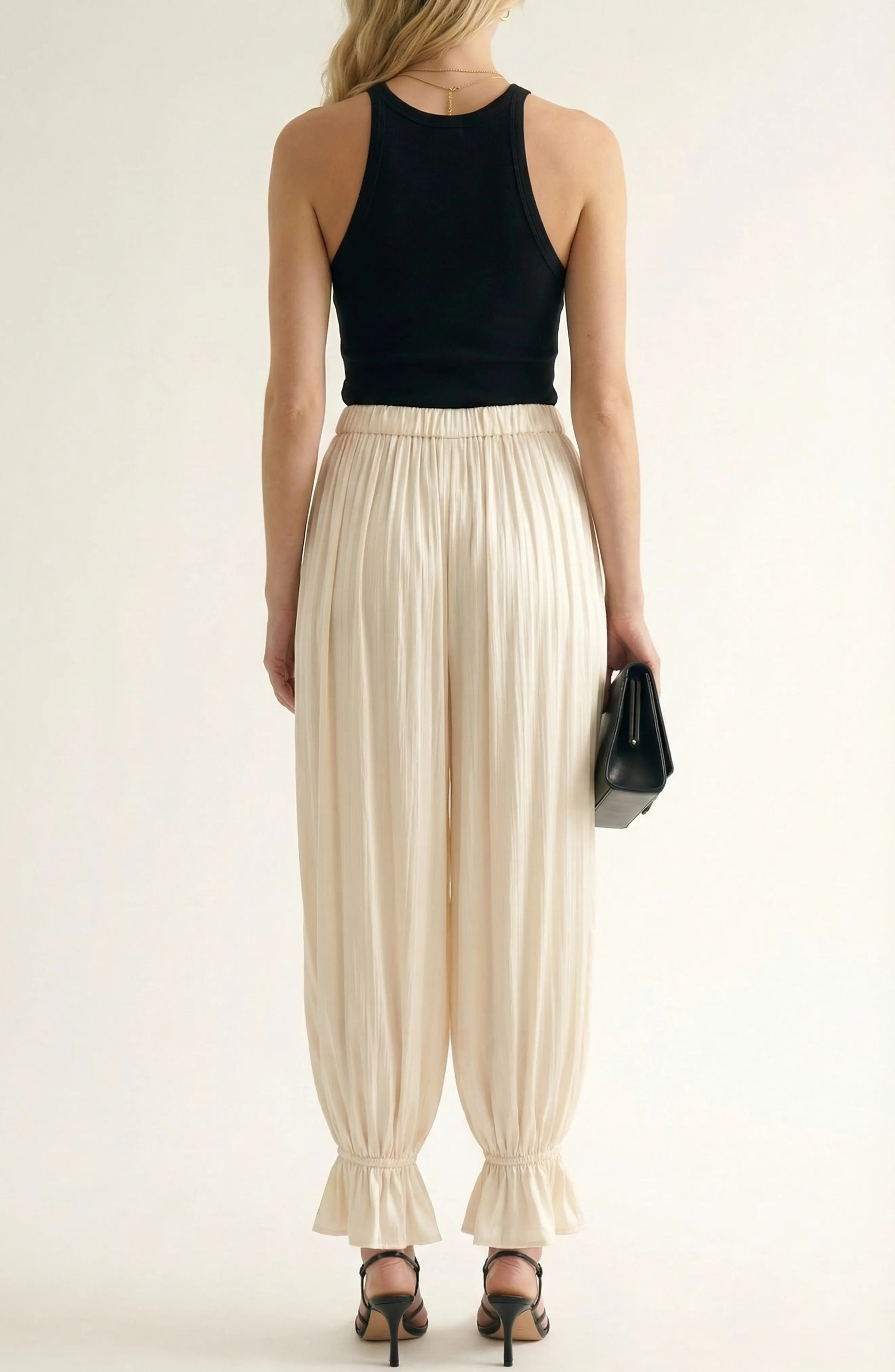 Modenaire Pleated Pull On Pants with Elastic Waist Ruffled Ankle Hem in Off-White at Nordstrom, Size Large | Nordstrom