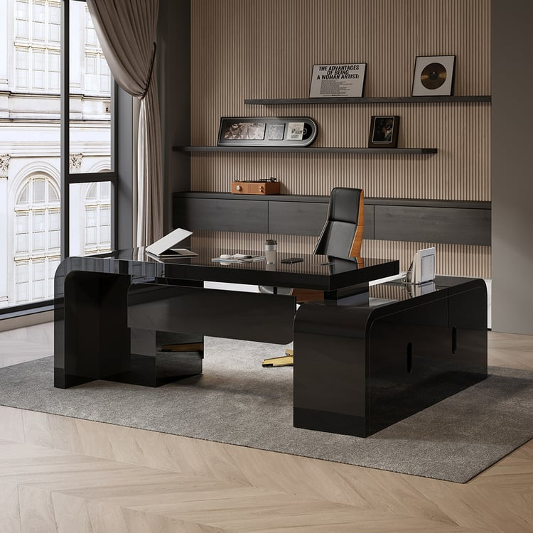 70.9" Black L-shaped Modern Executive Desk Left Hand & Reclining Leather Office Chair  | Homary | Homary