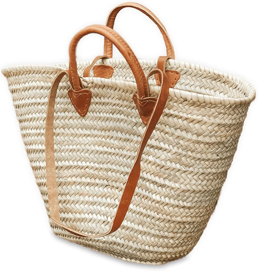 French Basket with Double Leather Handles - Straw Market Tote for Beach, Shopping and Summer Use | Amazon (US)