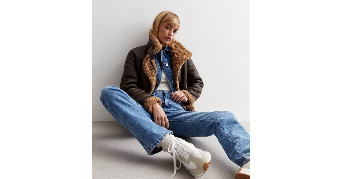 Rust Leather-Look Borg Trim Crop Aviator Jacket | New Look | New Look (UK)