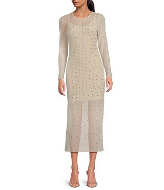 Tilly Rhinestone Mesh Crew Neck Long Sleeve Midi Dress | Dillard's