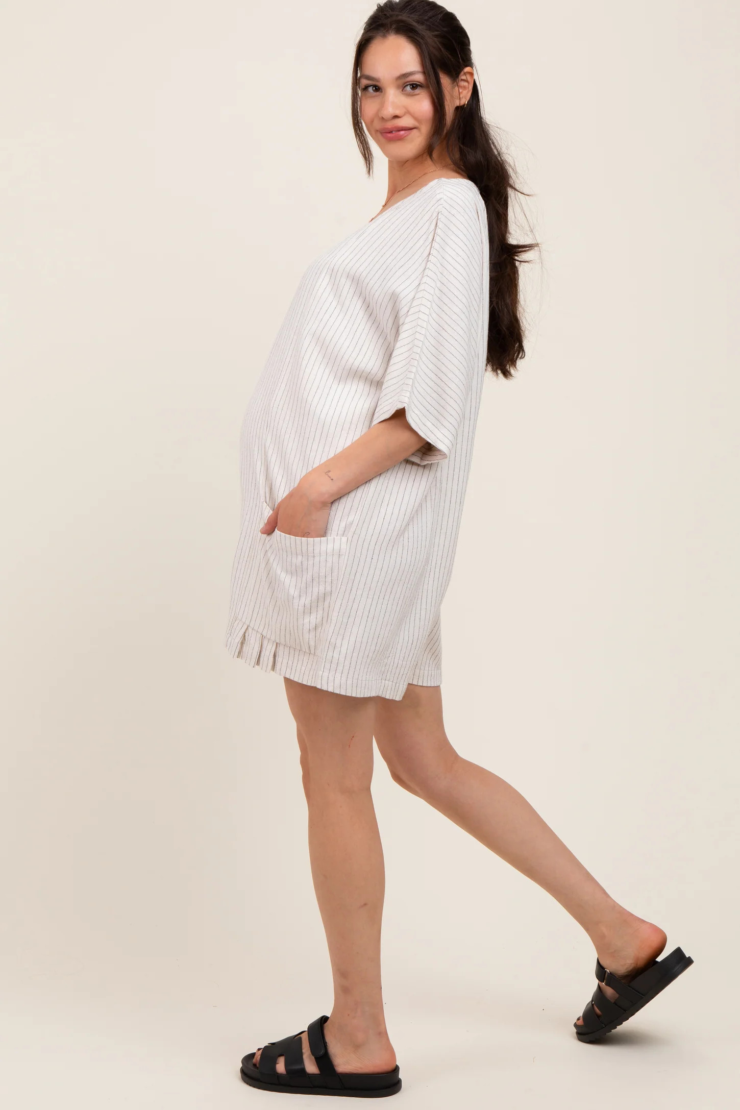 Beige Stripe Dolman Sleeve Linen Blend Maternity Romper | PinkBlush Maternity