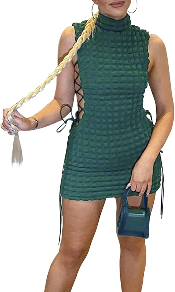 VWIWV Women's Sexy Mini Dress Sleeveless Mock Neck Bodycon Dresses Side Lace Up Hollow Party Club... | Amazon (US)