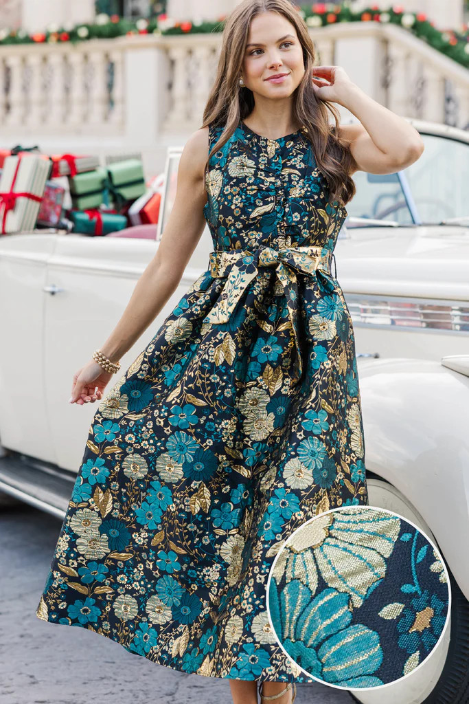 Truly Yours Teal Two Tone Brocade Midi Dress | The Mint Julep Boutique