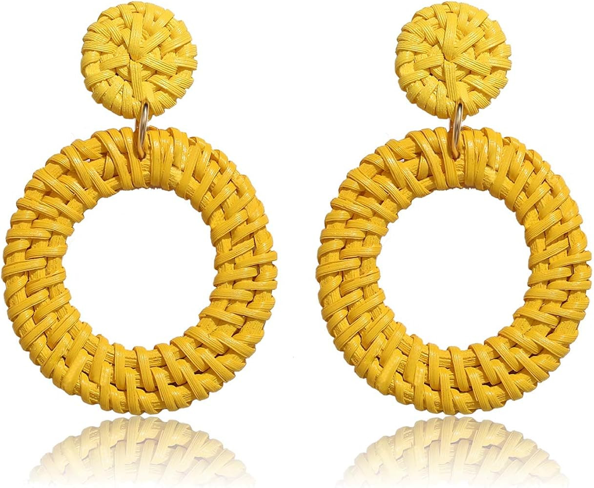 Woven Rattan Earrings Boho Colored Straw Wicker Braid Drop Dangle Earrings Handmade Circle Hoop Earr | Amazon (US)