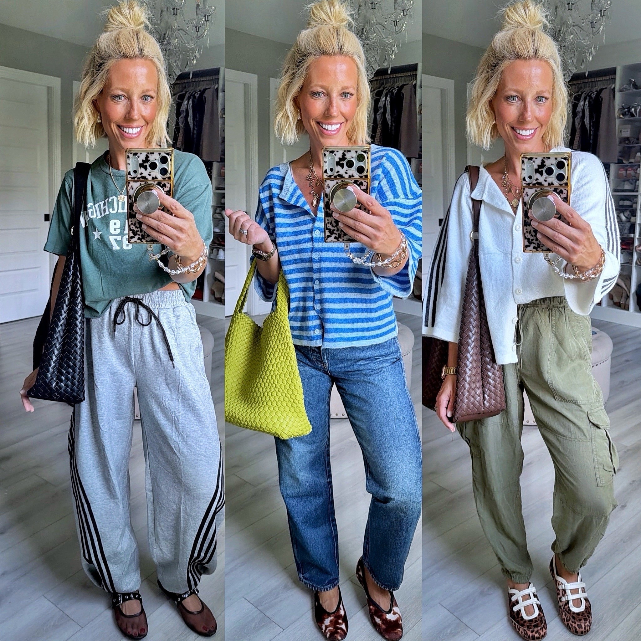 Outfits lately!!!
⬇️⬇️⬇️
Green tee meidum
Button down tops small 
Jeans size 2 (run big - sized down)
Pants size small