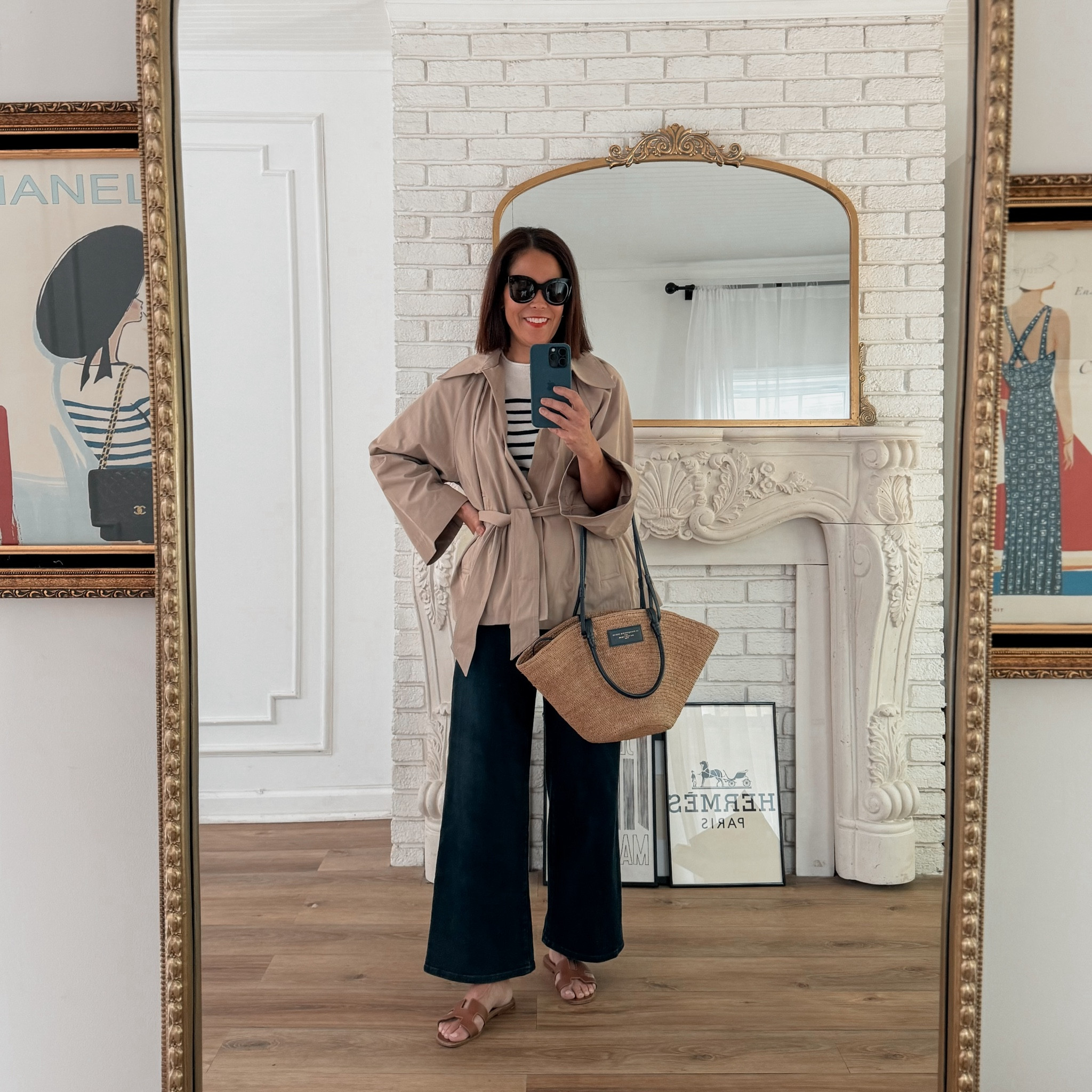 Classic Outfit
bash Paris Trench/wearing small
Frame Slim Palazzo- color is onyx/wearing 27petite
J.Crew Stripe Cashmere Sweater/medium 
Sèzane Justine Bag/dark raffia
Linking similar sandals 

#LTKover40 #LTKstyletip